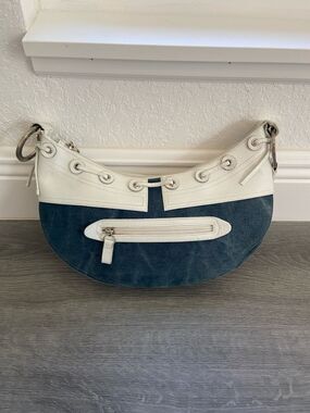 Stuart Weitzman Navy and White Crescent Shoulder Bag